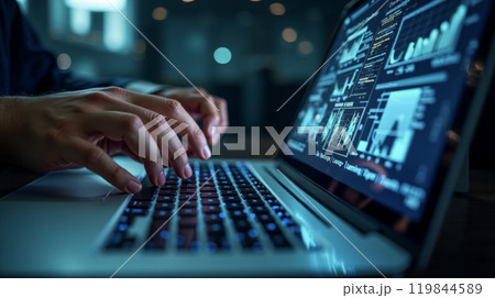 Close-up view of professional working on laptop with data analytics, business graphs on screen in dark office, concept of technology in finance and marketing 119844589