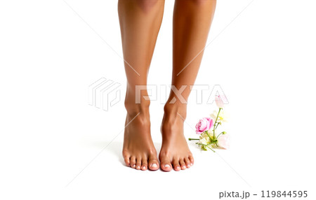 female feet. Pampered Feet with Fresh Pink Roses, Luxurious Natural Skincare Regimen for Foot Beauty, Organic Pedicure Perfection, Soft Smooth Skin Care Essentials, Floral Elegance 119844595