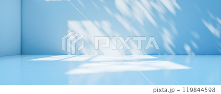 Empty blue room interior with soft light and abstract shadows on walls and floor. Minimalistic clean background, presentations, product displays, design mockups with modern aesthetic 119844598