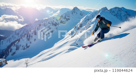 Active skier in motion at ski resort, carving through fresh snow on sunny day, mountain range in distance, winter vacation theme, sporting goods promotion, extreme cold weather activity 119844624