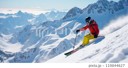 Skier in red descending snowy mountain, clear blue sky, majestic snow-covered peaks, winter sports, alpine skiing, cold weather recreation, active lifestyle Skier in red descending snowy mountain, clear blue sky, majestic snow-covered peaks, winter sports, alpine skiing, cold weather recreation, active lifestyle 119844627
