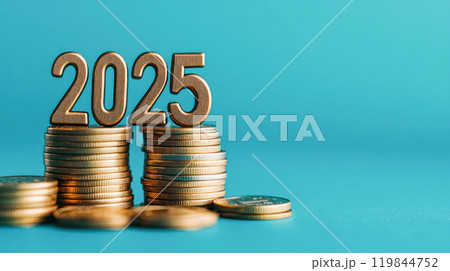 Gold numbers 2025 on a stack of coins on a blue background Gold numbers 2025 on a stack of coins on a blue background 119844752