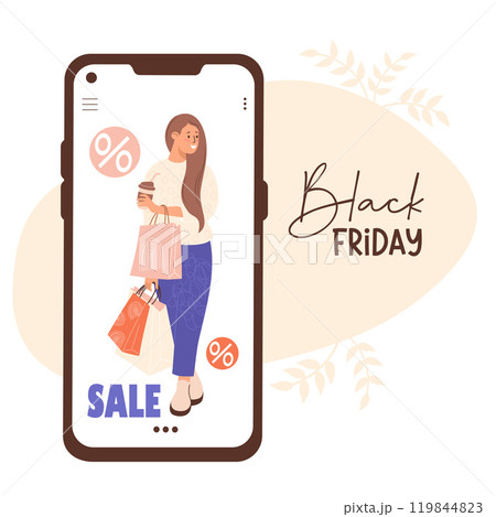 Sale. Black Friday. Online Shopping. Happy woman buyer in phone with packages gift. Holiday shopper character. Shop in smartphone. Vector illustration in flat style Sale. Black Friday. Online Shopping. Happy woman buyer in phone with packages gift. Holiday shopper character. Shop in smartphone. Vector illustration in flat style 119844823