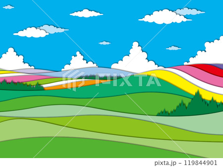 シンプルな切り絵風のなだらかな丘陵と花畑の風景 シンプルな切り絵風のなだらかな丘陵と花畑の風景 119844901
