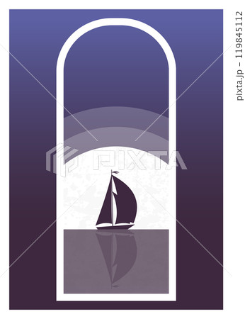 Sailboat in the sea seaside view illustration. Nordic sea side landscape in flat style 119845112