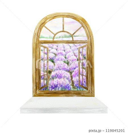 Window with lavender field view, window sill. Hand drawn watercolor illustration isolated. Cosmetic labels, postcards, spa certificates, invitations. 119845201