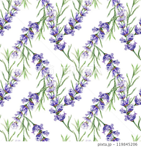 Lavender twigs seamless pattern. Hand drawn watercolor illustration of purple flowers isolated. For textile, wrapping paper, fabric, covers, napkins. 119845206