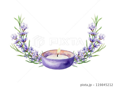 Lavender branches and candle. Hand drawn watercolor illustration isolated on white. Birthday cards, invitations, summer banners, spa posters, labels. 119845212