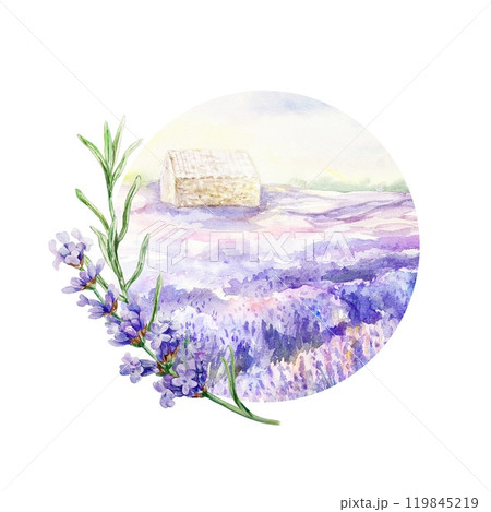 Lavender field with house and twig. Watercolor illustration of Provencal flowers isolated. For birthday cards, wedding invitations, cosmetics labels. Lavender field with house and twig. Watercolor illustration of Provencal flowers isolated. For birthday cards, wedding invitations, cosmetics labels. 119845219