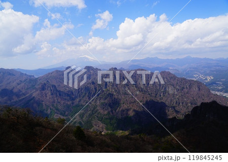群馬県　妙義山　表妙義からみる裏妙義と浅間山　 119845245