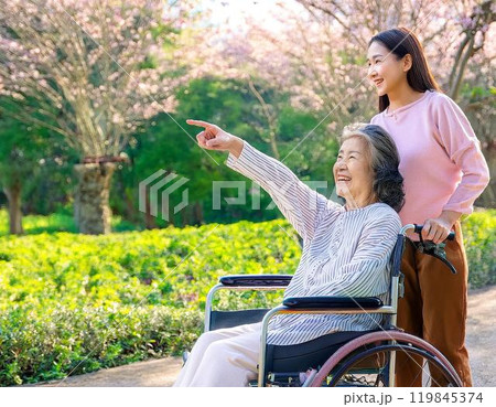 車椅子のシニア女性と介護士 車椅子のシニア女性と介護士 119845374