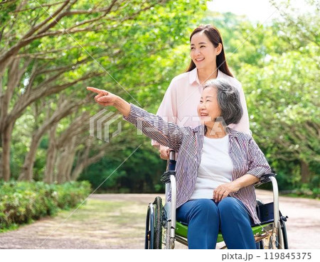 車椅子のシニア女性と介護士 119845375