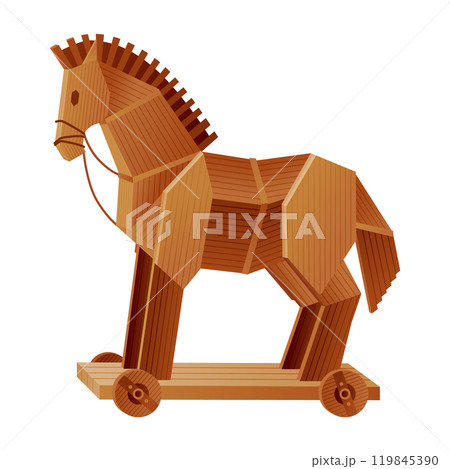 Trojan wooden horse. Children toy concept. Horse wooden figure. Wooden statue of ancient troy, history greece war, monument trojans old horse Trojan wooden horse. Children toy concept. Horse wooden figure. Wooden statue of ancient troy, history greece war, monument trojans old horse 119845390