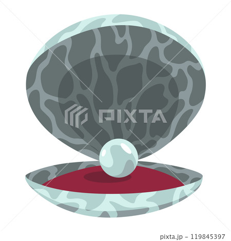Pearl in seashell. Open seashell scallop and pearl shell icon. Beautiful pearl in clam shell in cartoon flat style. Vector illustration isolated on white background 119845397
