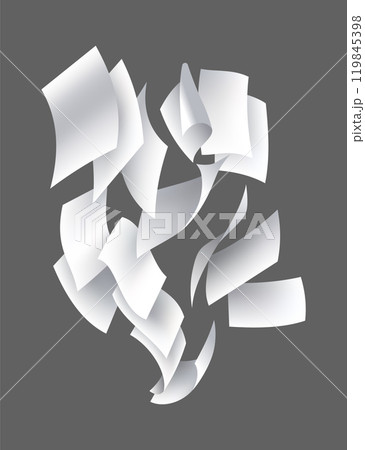 Falling paper sheets. Set of flying curved leaves of paper. Vector loose soar of notes with curled edges. Fly scattered notes, empty chaotic paperwork 119845398