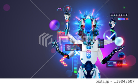 AI robot works with computer interface. Bot with artificial intelligence. Robot with four arms performs many tasks. AI neural network analysis data, works on HUD. 3d character robot or cyborg with AI. AI robot works with computer interface. Bot with artificial intelligence. Robot with four arms performs many tasks. AI neural network analysis data, works on HUD. 3d character robot or cyborg with AI. 119845607