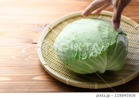 新鮮なキャベツ （ 木目背景 ） 119845916