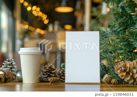 Paper coffee cup and blank white card mockup on table in coffee shop decorated for Christmas 119846031