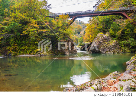 【新潟県】秋山郷 猿飛橋と付近の紅葉 【新潟県】秋山郷 猿飛橋と付近の紅葉 119846101