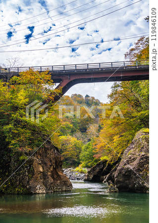【新潟県】秋山郷　猿飛橋と付近の紅葉 119846109