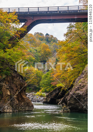【新潟県】秋山郷　猿飛橋と付近の紅葉 119846110