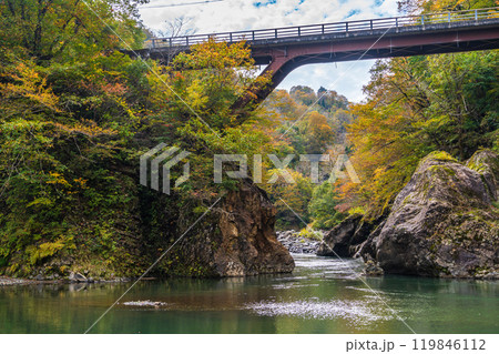 【新潟県】秋山郷 猿飛橋と付近の紅葉 【新潟県】秋山郷 猿飛橋と付近の紅葉 119846112