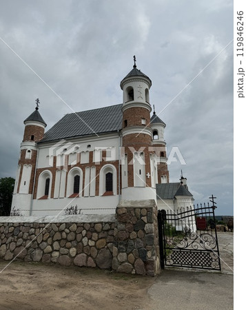 Historic Church with Stone Wall and Gated Entrance 119846246