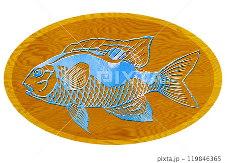 可愛い海水魚スズメダイのウッドペインティング切り絵イラスト 119846365