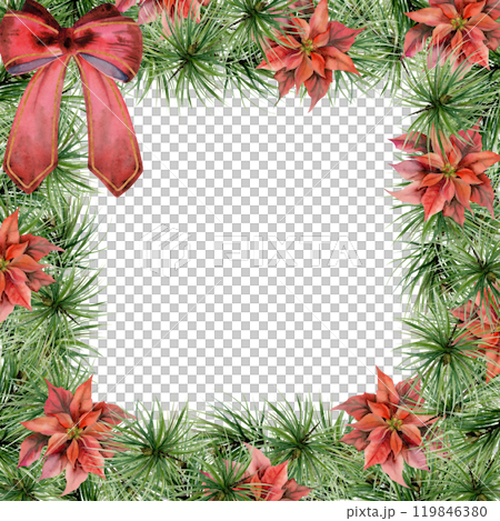 Pine tree, fir tree, spruce, poinsettia, red ribbon bow. Watercolor hand drawn illustration, border frame isolated on white. Xmas, happy new year festive, noel navidad. Cards, gifts, florist shop. Pine tree, fir tree, spruce, poinsettia, red ribbon bow. Watercolor hand drawn illustration, border frame isolated on white. Xmas, happy new year festive, noel navidad. Cards, gifts, florist shop. 119846380
