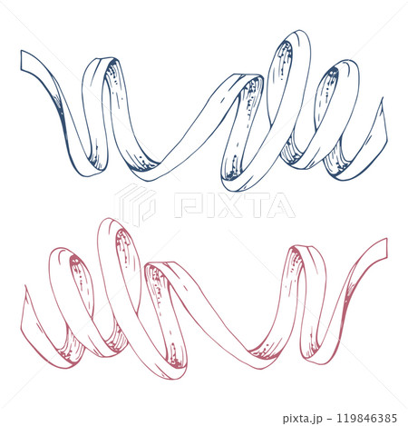 Red indigo ribbon lace braid zigzag tassel serpentine. Hand drawn ink vector illustration sewing craft embroidery supplies. Set of isolated objects. Design atelier, tailor hobby shop, fashion boutique 119846385