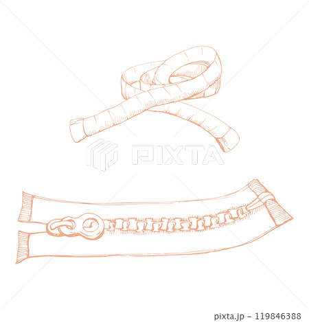 Clothing fabric zippers fly fasteners, measuring tape. Hand drawn ink vector illustration sewing craft seamstress supplies. Set of objects isolated white background. Design atelier, tailor, hobby shop 119846388