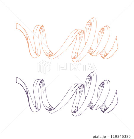 Ribbon lace braid zigzag tassel. Hand drawn ink vector illustration sewing craft embroidery supplies. Isolated set of objects on white background. Design atelier, tailor, hobby shop, fashion boutique 119846389