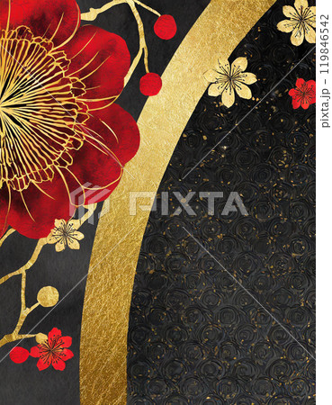 黒に金と赤をあしらった華やかな花の和風背景素材 119846542
