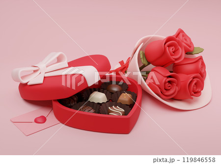 heart shaped chocolate box and rose bouquet 3D graphic 119846558