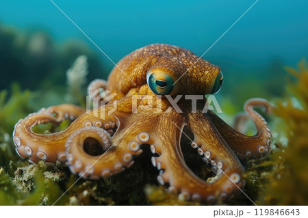 Curious octopus resting on seabed with striking blue eyes Curious octopus resting on seabed with striking blue eyes 119846643
