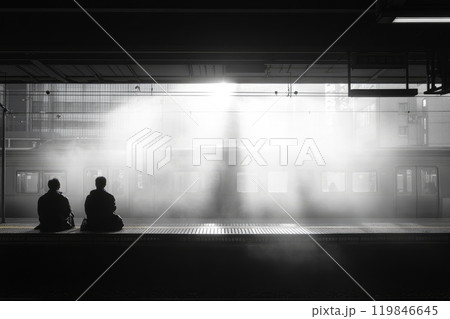 Two people waiting for train in subway station with bright backlight Two people waiting for train in subway station with bright backlight 119846645