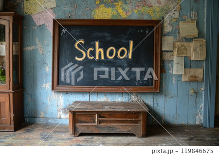 Old school chalkboard hanging on a weathered wall in an abandoned classroom 119846675