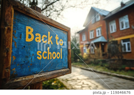 Back to school sign standing in front of school building 119846676