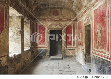 Sunlight illuminating ancient roman painted walls in pompeii 119846728