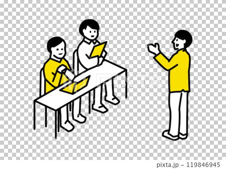 圖解：一個人解釋，兩個人坐在辦公桌前聆聽 119846945