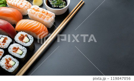 Typical Japanese set of sushi food with copy space. Set of sushi food with copy space. AI-generation item  119847056