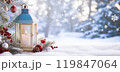 Christmas lantern on snow with Christmas decor and fir branch in the blue forest with bokeh lights. AI-generation item  119847064