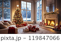 Christmas tree in living room with fireplace, gifts and decorations. AI-generation item   119847066