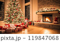 Cozy holiday room with Christmas tree, gifts and brick fireplace, decorated for Christmas. AI-generation item  119847068