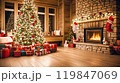 Cozy holiday room with Christmas tree, gifts and brick fireplace, decorated for Christmas. AI-generation item 119847069