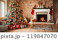 Christmas tree in living room with fireplace, gifts and decorations. AI-generation item  119847070