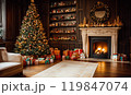 Cozy holiday room with fireplace and Christmas tree, decorated for Christmas. AI-generation item  119847074