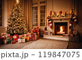 Cozy holiday room with fireplace and Christmas tree, decorated for Christmas. AI-generation item  119847075