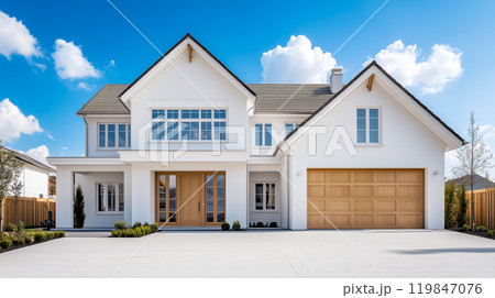Residential Home Under Construction against blue sky background. AI-generation item 119847076