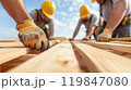 Construction workers assembling wooden planks of hands in carpentry work, close up AI-generation item  119847080